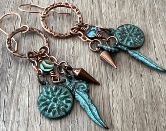 Copper, Abalone and Turquoise Green Patina Earrings, Rustic Boho Long Dangle Drop Earrings, Mykonos Greek Metal Charm Chandelier Earrings