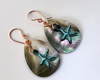 Green Patina Rustic Starfish with Mother of Pearl Teardrop Earrings, Beach Boho Hippie Earrings, Tribal Earthy Iridescent Statement Jewelry