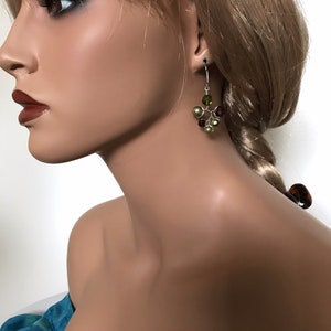 Swarovski Crystal and Pearl Earrings, Burgundy and Olive Green Dangle Drop Earrings, Wired Branch Earrings, Colourful Chandelier Earrings image 6