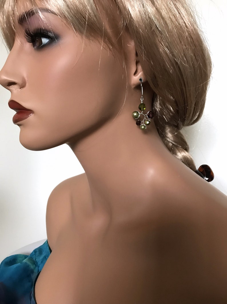 Swarovski Crystal and Pearl Earrings, Burgundy and Olive Green Dangle Drop Earrings, Wired Branch Earrings, Colourful Chandelier Earrings image 6