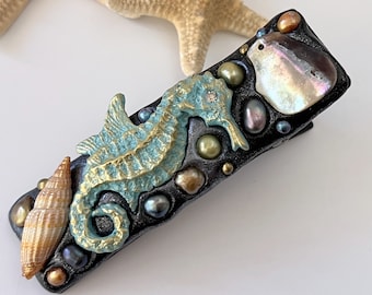 Marine Life Hair Clip, Seahorse and Freshwater Pearl Barrette, Abalone Paua Shell Hair Accessory, Under the Sea, Beach Wedding Mermaid  Gift