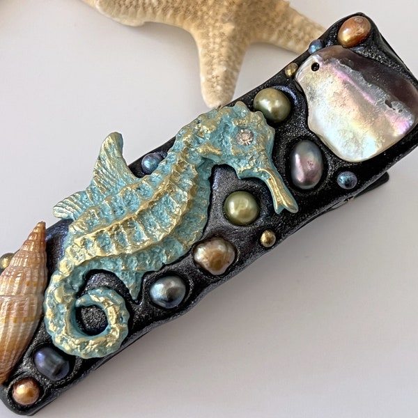 Marine Life Hair Clip, Seahorse and Freshwater Pearl Barrette, Abalone Paua Shell Hair Accessory, Under the Sea, Beach Wedding Mermaid  Gift