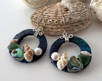 Seashell and Pearl Earrings, Statement Shell Earrings, Beach Themed Jewellery, Abalone Paua Shell Earrings with Sea Glass, Mermaid Earrings