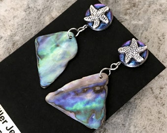 Abalone Earrings, New Zealand Paua Shell Earrings, Iridescent Teal Purple Starfish Earrings, Beach Wedding Jewelry, Boho Mermaid Ocean Gift