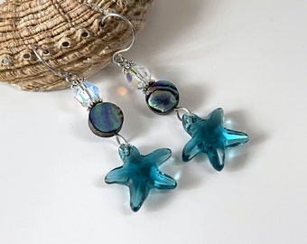 Swarovski Starfish Earrings, Sparkling Crystal Starfish Earrings, Beach Wedding Jewelry, Turquoise Starfish and Abalone Paua Drop Earrings