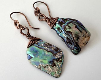 Copper Wire Wrapped Abalone Paua Shell Earrings, Seashell Dangle Earrings, Abalone Jewelry, Colourful Natural Iridescent Boho Beach Ocean
