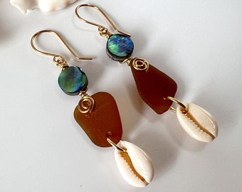 Sea Glass Seashell Earrings, Abalone Beach Glass & Cowrie Shell Earrings, Beach Jewelry, Amber Seaglass Earrings, Long Lightweight Everyday