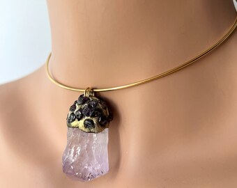 Amethyst Nugget Pendant, Gemstone Wire Choker, Amethyst Stone Necklace, Amethyst Chip Jewellery, Short Gemstone Necklace, Boho Style, Unique