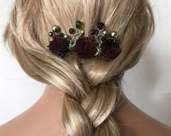 Floral Hair Comb, Decorative Hair Comb,Burgundy and Olive Green Hair Clip,Flowers Barrette,Swarovski Crystals Hair Comb,Colourful Hair Slide