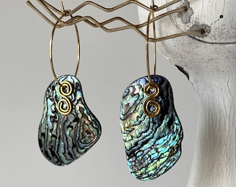 Paua Shell Hoops, Abalone Hoop Earrings, Spiral and Seashell Earrings, Abalone Jewellery, Colourful Shell, Beachy Boho Style, Lightweight
