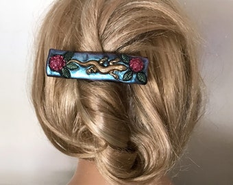 Lizard Hair Clip, Gecko Hair Grip, Reptile Barrette, Colourful Barrette, Floral Hair Clip,Roses Hair Ornament,Decorative Hair Jewellery Gift