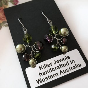 Swarovski Crystal and Pearl Earrings, Burgundy and Olive Green Dangle Drop Earrings, Wired Branch Earrings, Colourful Chandelier Earrings image 9