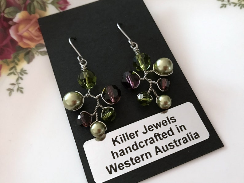 Swarovski Crystal and Pearl Earrings, Burgundy and Olive Green Dangle Drop Earrings, Wired Branch Earrings, Colourful Chandelier Earrings image 9