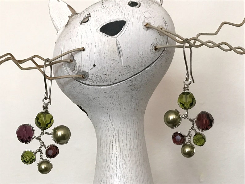 Swarovski Crystal and Pearl Earrings, Burgundy and Olive Green Dangle Drop Earrings, Wired Branch Earrings, Colourful Chandelier Earrings image 7