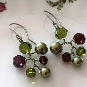 Swarovski Crystal and Pearl Earrings, Burgundy and Olive Green Dangle Drop Earrings, Wired Branch Earrings, Colourful Chandelier Earrings image 2