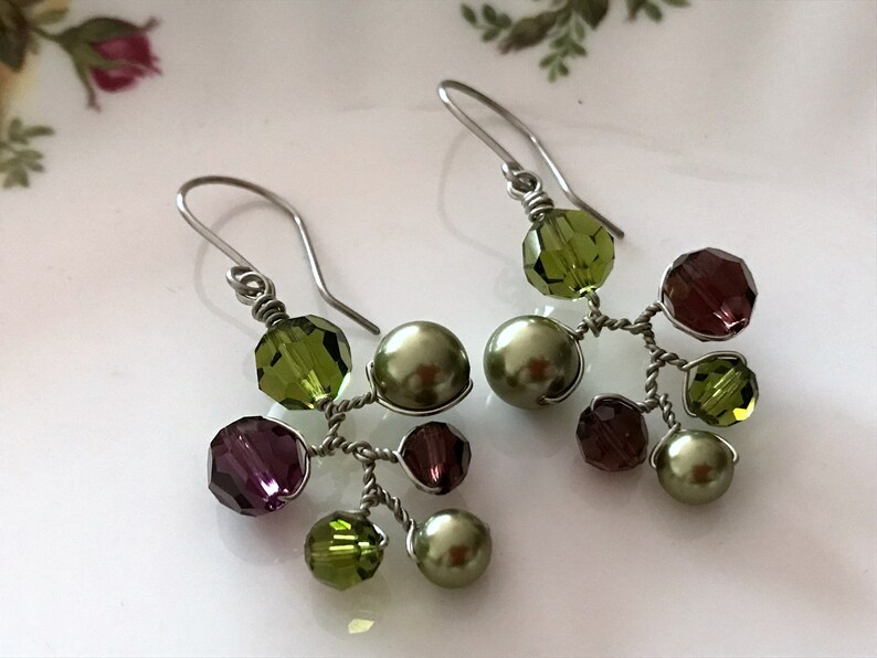 Swarovski Crystal and Pearl Earrings, Burgundy and Olive Green Dangle Drop Earrings, Wired Branch Earrings, Colourful Chandelier Earrings image 2