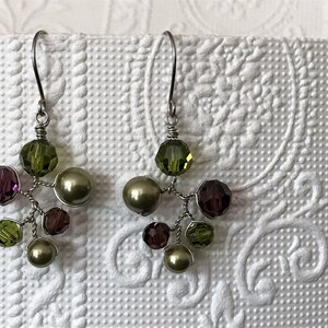 Swarovski Crystal and Pearl Earrings, Burgundy and Olive Green Dangle Drop Earrings, Wired Branch Earrings, Colourful Chandelier Earrings image 4