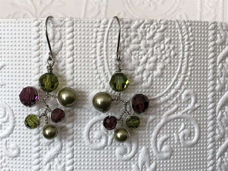 Swarovski Crystal and Pearl Earrings, Burgundy and Olive Green Dangle Drop Earrings, Wired Branch Earrings, Colourful Chandelier Earrings image 4