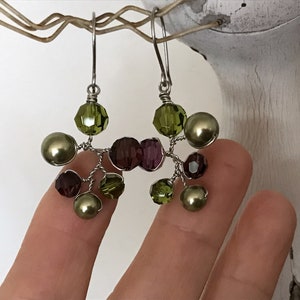 Swarovski Crystal and Pearl Earrings, Burgundy and Olive Green Dangle Drop Earrings, Wired Branch Earrings, Colourful Chandelier Earrings image 8