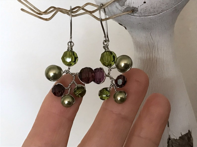 Swarovski Crystal and Pearl Earrings, Burgundy and Olive Green Dangle Drop Earrings, Wired Branch Earrings, Colourful Chandelier Earrings image 8