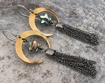 Abalone Star and Crescent Moon Tassel Earrings, Paua Shell Celestial Earrings,Long Statement Chain Tassel Earrings,Gypsy Witchy Boho Jewelry