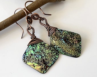 Paua Shell Earrings, Shell Dangle Earrings, Abalone Jewelry with Copper, Wire Wrapped Colorful Shell Earrings, Natural Iridescent Boho Beach