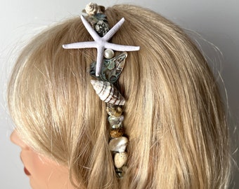 Ocean Beach Themed Starfish Headband, Seashell Hairband, Natural Paua Abalone Hair Accessory with Genuine Shell, Mermaid Beach Wedding Crown
