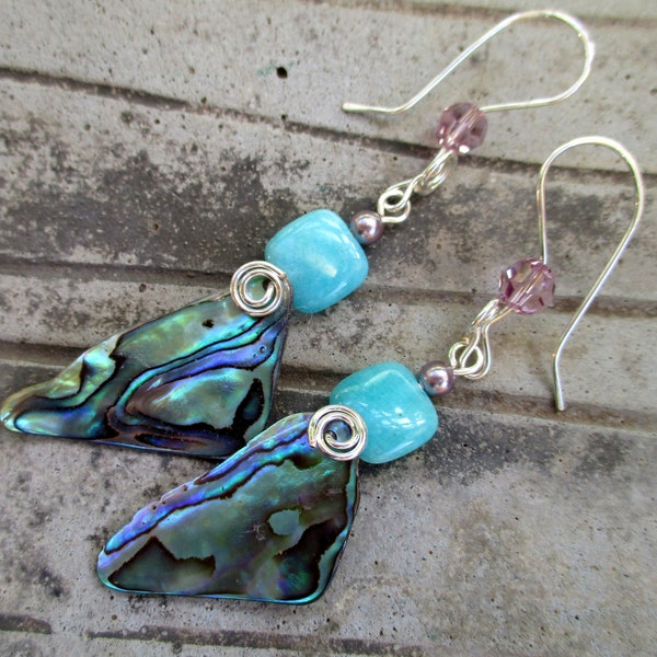 Abalone Shell Earrings, Paua Shell Earrings, Sea Shell Jewelry, Long Dangle Drop Earrings, Blue and Turquoise Earrings, Summer Beach Gift