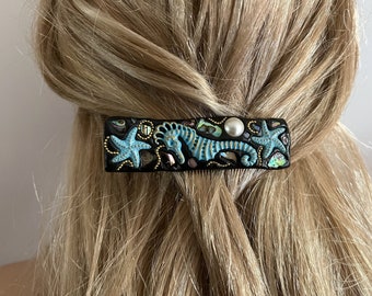 Seahorse Hair Clip, Under the Sea Theme Hair Accessory, Sea Shell Barrette, Starfish Hair Slide, Abalone Paua Shell, Beachy Gift for Mermaid