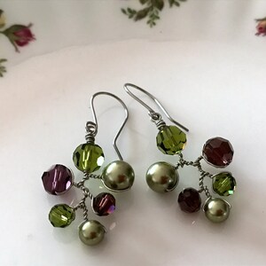 Swarovski Crystal and Pearl Earrings, Burgundy and Olive Green Dangle Drop Earrings, Wired Branch Earrings, Colourful Chandelier Earrings image 3