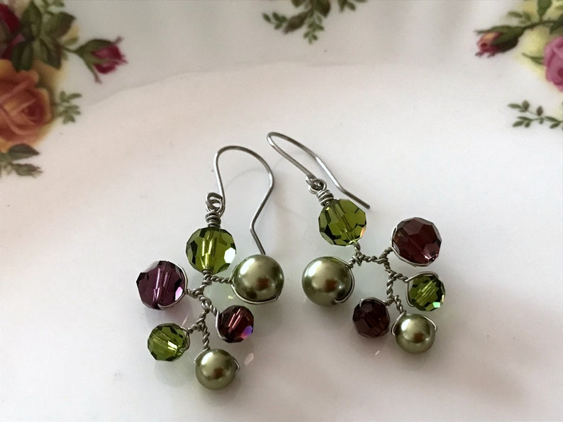 Swarovski Crystal and Pearl Earrings, Burgundy and Olive Green Dangle Drop Earrings, Wired Branch Earrings, Colourful Chandelier Earrings image 3