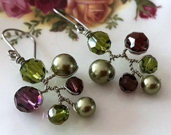 Swarovski Crystal and Pearl Earrings, Burgundy and Olive Green Dangle Drop Earrings, Wired Branch Earrings, Colourful Chandelier Earrings