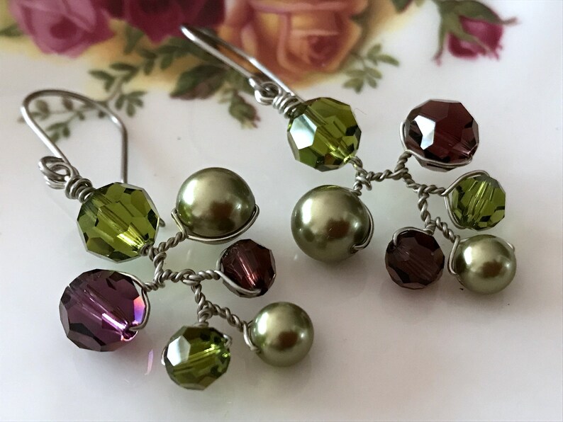 Swarovski Crystal and Pearl Earrings, Burgundy and Olive Green Dangle Drop Earrings, Wired Branch Earrings, Colourful Chandelier Earrings image 1