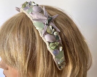 Beach Wedding Headband, Lilac and Green Beachy Hair Accessory, Starfish Tiara Crown, Genuine Seashell & Sea Glass Headpiece, Boho Headwear