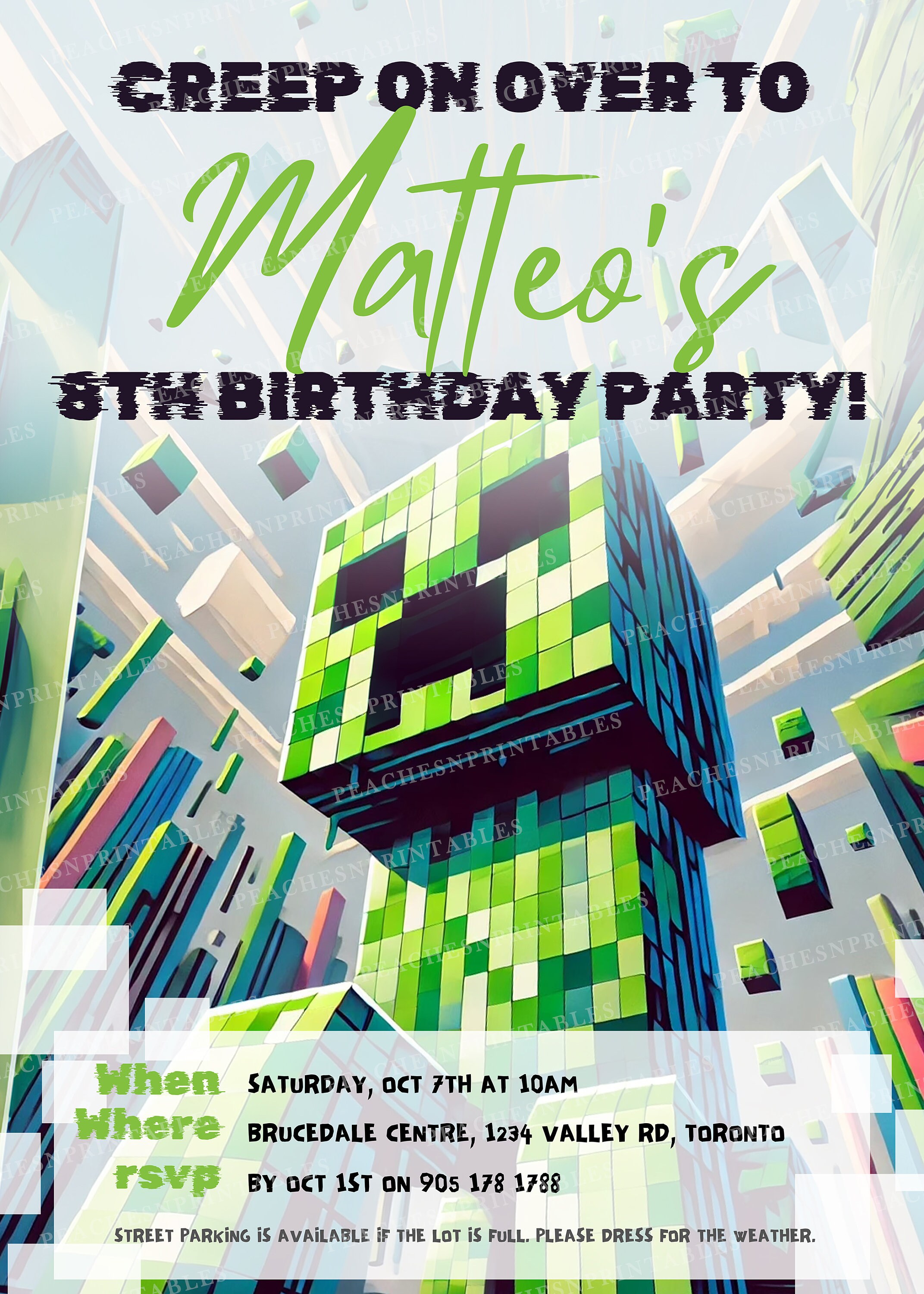 Editable Minecraft Birthday Invite – Canva Template (5x7)