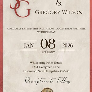 Peut inclure: Invitation de mariage avec un fond crème et une bordure rouge. L'invitation comprend les noms Samantha Johnson et Gregory Wilson, la date du 8 janvier 2026 et l'heure 10h00. L'invitation comprend également le lieu du mariage.