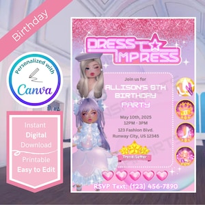 Kinderjurk om indruk te maken Verjaardagsfeestje Roblox Game | Bewerkbare digitale canvassjabloon | DIY afdrukbare e-uitnodiging | Direct downloaden