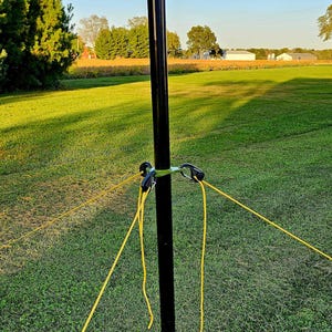 May include: A black pole with a green and black support system, and yellow ropes extending outwards. The scene is set outdoors on a grassy field with trees and a clear sky in the background.