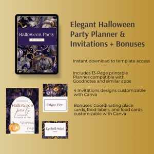 Pode incluir: Um elegante conjunto de planejador e convites para festas de Halloween. O planejador digital em um tablet apresenta um design de abóbora azul escuro e dourado. Inclui um planejador imprimível, designs de convites e etiquetas.