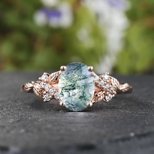 1ct Oval Cut Moss Agate Engagement Ring,Cluster Moissanite Rose Gold Wedding Ring,Leaf Inspired Diamond Anniversary Gift Bridal Promise Ring