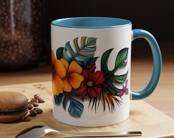 Tropical Floral Coffee Mug  Vibrant Hawaiian Mug for Coffee Lovers  Perfect Gift for Nature Lovers Housewarming Birthdays Beach Vibes