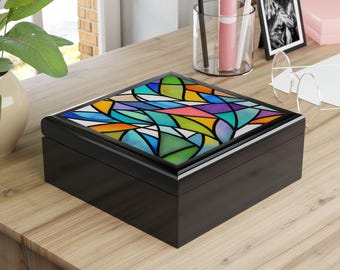 Färgglad smyckesask med mosaik i målat glas, blommig geometrisk prydnadsskrin, minnesask, present till hennes mor, syster, dotter, vän