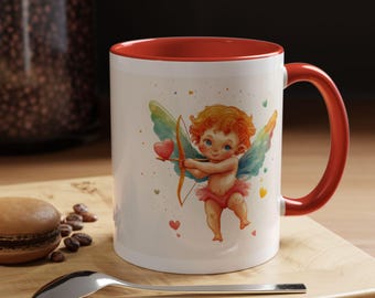 Taza de café con acento de amor de Cupido, bonito regalo de San Valentín, taza de café romántica, taza con obra de arte angelical, perfecta para tortolitos.