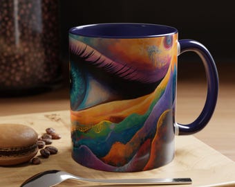 Mystical Eye Accent Coffee Mug  Colorful Art Gift for Dreamers Unique Tea Cup Office Decor Psychedelic Design Inspirational Beverage