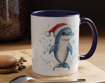 Whimsical Dolphin Holiday Coffee Mug Cute Dolphin Cup Christmas Gift Animal Lover Mug Fun Drinkware 11oz 15oz