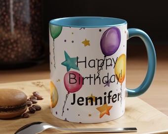 Personalized Birthday Mug  Celebrate with Colorful Balloons Custom Gift for Jennifer Fun Party Cup Unique Coffee Tea Mug Birthday
