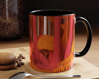 Taza de café con detalles de bosque vibrante, taza colorida de naturaleza, regalo único para amantes de la naturaleza, bebida acogedora para la mañana, perfecta para el otoño