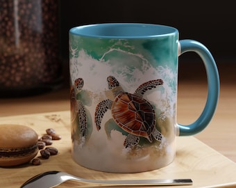 Sea Turtle Accent Coffee Mug Coastal Vibes Cup Turtle Lovers Gift Beach Decor Ocean Inspired Mug Nature Lover&#39;s Mug, Gift for Her