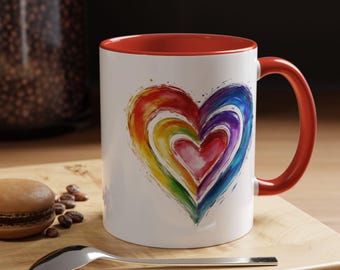 Taza de café con corazón de arcoíris, diseño de amor vibrante, ideal para regalar, decoración del hogar, día de San Valentín, orgullo LGBTQ, mañanas alegres.