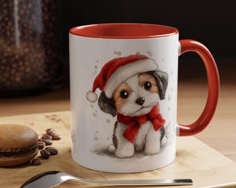 Cute Christmas Puppy Accent Coffee Mug Dog Lovers Gift Holiday Vibes Festive Coffee Cup Pet Lover's Mug Santa Dog Design